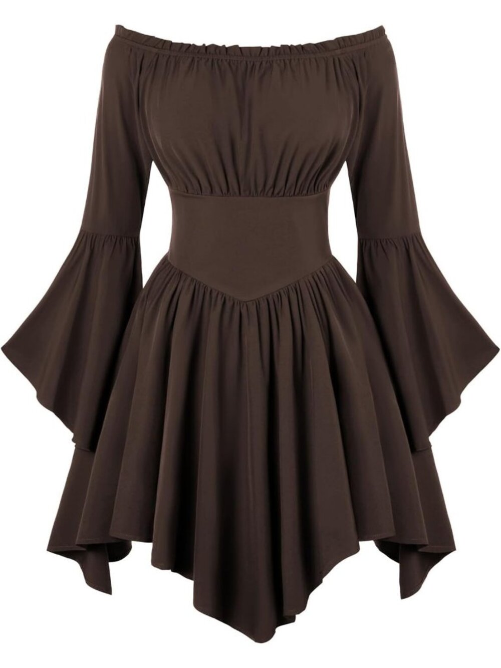 Women's Brown Renaissance Off Shoulder Bell Sleeve Dress Medieval Halloween Goth